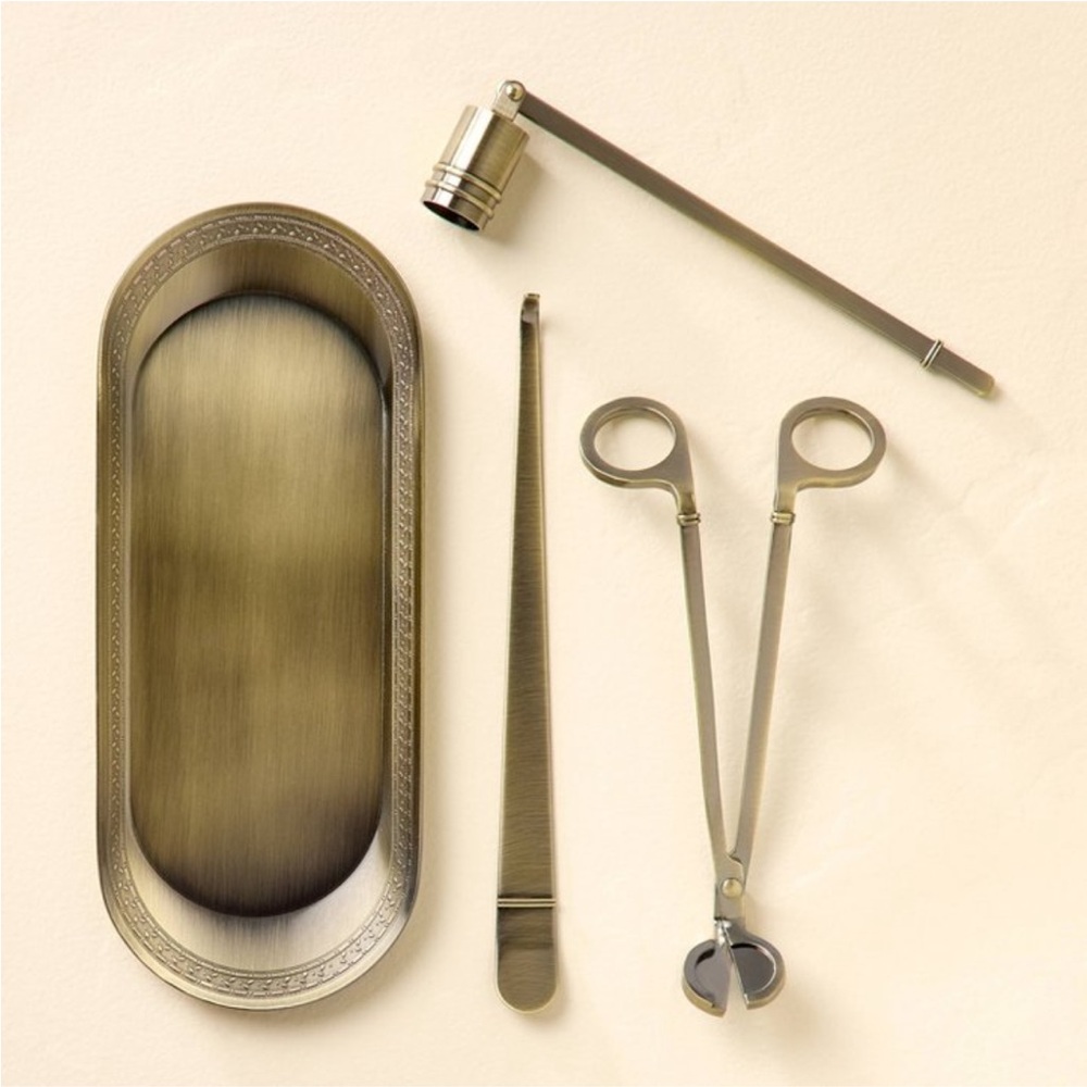 Hearth & Hand Brass Finish Fireplace Tool Set Tray and Tongs